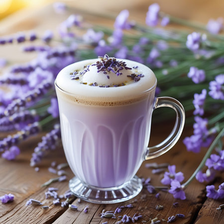 A close-up of a lavender latte with foamy milk and dried lavender sprinkled on top, set against a backdrop of fresh lavender sprigs on a wooden surface.の素材