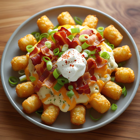 Tater tots are layered with mashed potatoes, melted cheese, crispy bacon, a dollop of sour cream, and sprinkled with green onions and paprika.の素材
