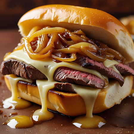A close-up of a steak sandwich with caramelized onions and melted cheese dripping down the sides, on a brown surface.の素材