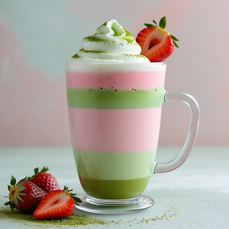 Drink showing layered matcha and strawberry drink with whipped cream and strawberry. High resolution image suitable for commercial use.の素材