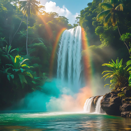 A powerful waterfall cascades down a cliff face, creating a vibrant rainbow in the misty spray, surrounded by lush tropical jungle foliage.の素材