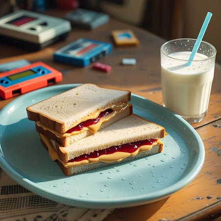 Two peanut butter and jelly sandwiches on a blue plate with a glass of milk and retro gaming cartridges in the background.の素材