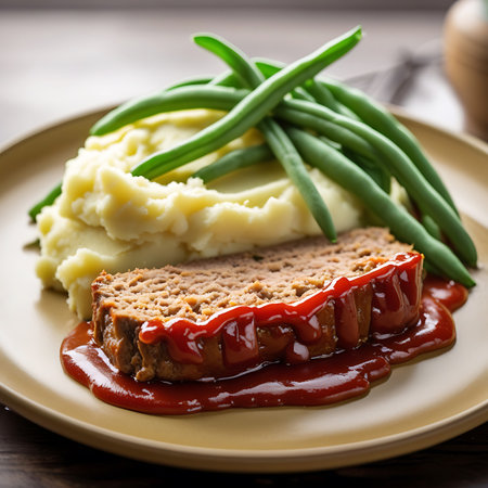Keywords: showing meatloaf with mashed potatoes and green beans on a plate keywords: meatloaf, mashed potatoes, green beans, tomato sauce, glaze, sliced, dinner, meal, comfort food, home cooking,...の素材