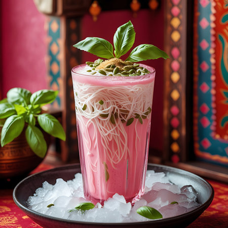 Drink showing pink noodle drink with basil and seeds in ornate setting. High resolution image suitable for commercial use.の素材