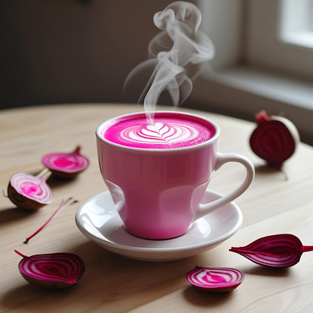 Keywords: showing pink beet latte with frothy art and steaming wisps on wooden table keywords: beet latte, pink drink, coffee, beverage, hot drink, steam, latte art, frothy, pink, magenta,...の素材