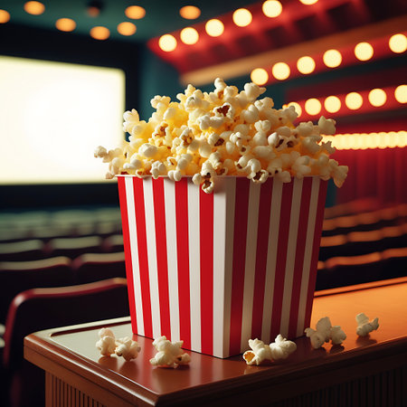 A red and white striped popcorn bucket is placed in a movie theater, with rows of seats and the screen visible in the background.の素材