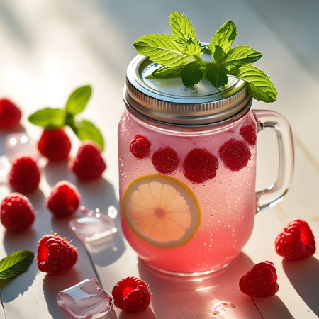 A glass mason jar with a handle contains pink raspberry lemonade with ice, lemon slices, and mint, surrounded by fresh raspberries on a wooden surface.の素材