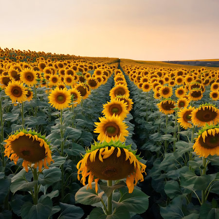 A vast field of sunflowers stretches into the distance under a warm sunset sky, with rows of yellow blooms creating a striking pattern.の素材