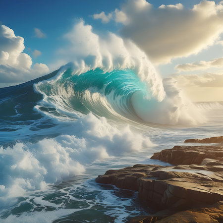 A breathtaking, turquoise ocean wave crests and crashes onto a rocky shore, bathed in the warm glow of sunset.の素材