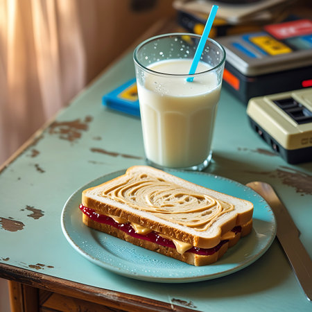 A single peanut butter and jelly sandwich on a blue plate with a glass of milk and a vintage game console in the background.の素材