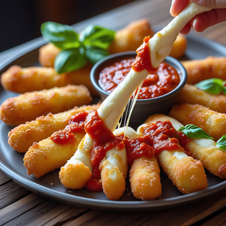 Several golden brown mozzarella sticks are arranged on a plate, with one being dipped into marinara sauce, showing melted cheese and sauce.の素材
