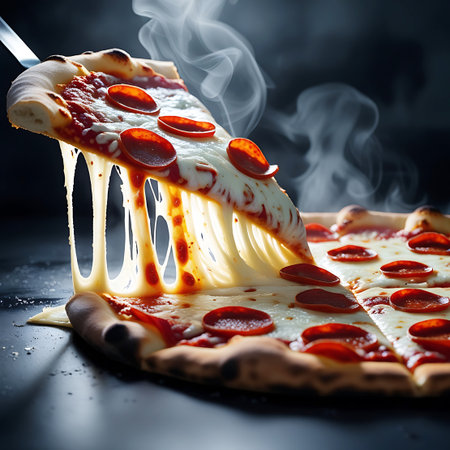 A slice of pepperoni pizza is being served, with hot cheese stretching and dripping, and steam rising from the slice.の素材