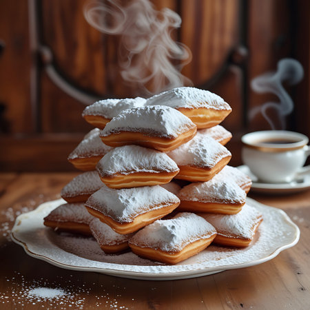 A tall stack of beignets generously dusted with powdered sugar, with steam rising, next to a cup of coffee.の素材