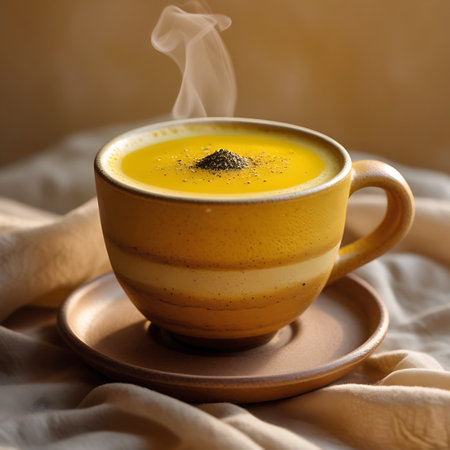 A steaming cup of golden turmeric latte topped with pepper sits on a saucer, surrounded by soft fabric.の素材