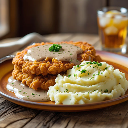A plate with two stacked crispy fried chicken steaks covered in gravy, served with mashed potatoes and parsley.の素材