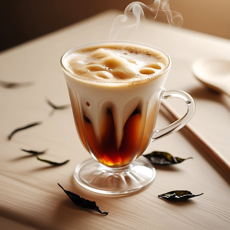 A glass mug of hot coffee with a thick layer of frothy cream, emitting steam, with dried leaves scattered on a wooden surface.の素材