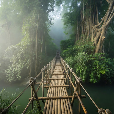 A long, suspended bamboo bridge with rope railings spans a green jungle river, shrouded in mist with large trees and hanging vines surrounding it.の素材