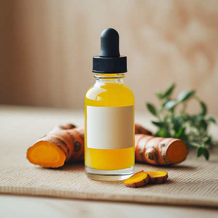 Sliced turmeric root and a yellow oil dropper bottle with a blank label are arranged on textured fabric.の素材