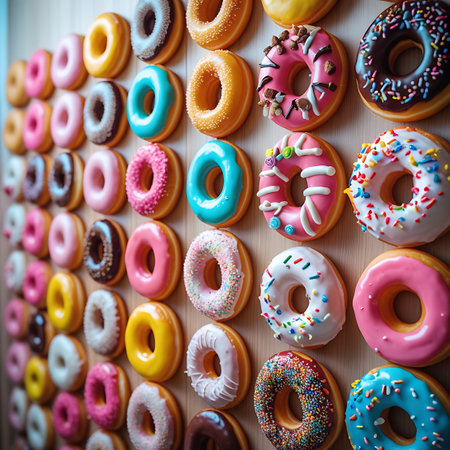 A detailed view of a wall covered with a tempting array of colorful donuts, showcasing different glazes and toppings.の素材