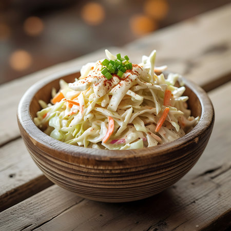 A textured wooden bowl filled with fresh coleslaw, sprinkled with paprika and chives, resting on a wooden table.の素材