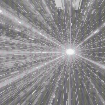 An abstract tunnel of grey and white light streaks and rectangular shapes converges on a bright center.の素材