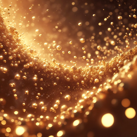 A close-up abstract view of swirling golden bubbles and particles with soft, out-of-focus bokeh lights in the background.の素材