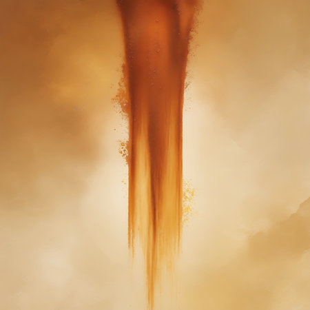 An abstract image of a swirling brown sand vortex against a soft, blurred golden background, conveying a sense of motion and natural energy.の素材