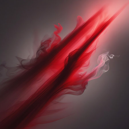 Wisps of red smoke swirl and flow across a dark gradient background, creating a dynamic and ethereal abstract composition.の素材