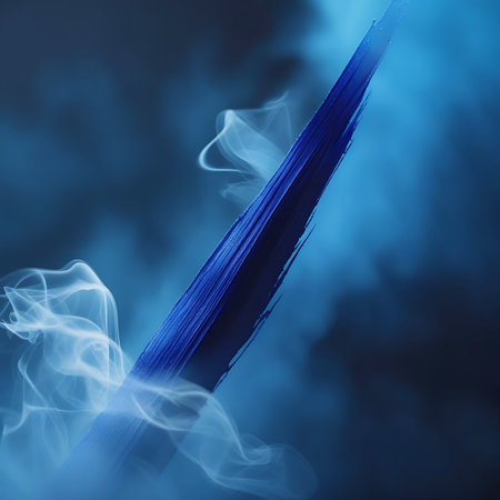 A sharp, diagonal blue brushstroke is surrounded by soft, swirling wisps of white smoke against a dark blue background.の素材