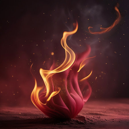 An abstract, fluid flame of red and orange glows intensely, with sparks and wisps of smoke rising from a dark surface.の素材