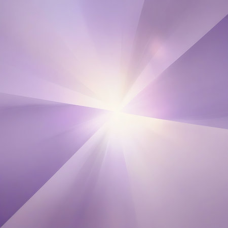 An abstract background featuring a bright light burst with geometric purple and white shapes radiating outwards with soft light streaks.の素材
