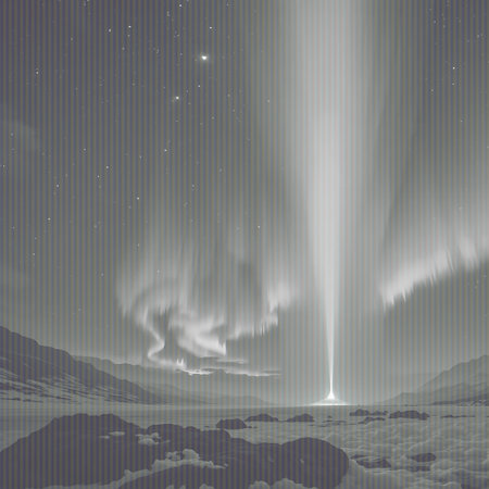 A dramatic aurora borealis illuminates a vast, rocky, snow-covered landscape under a starry sky, with a bright central light beam.の素材