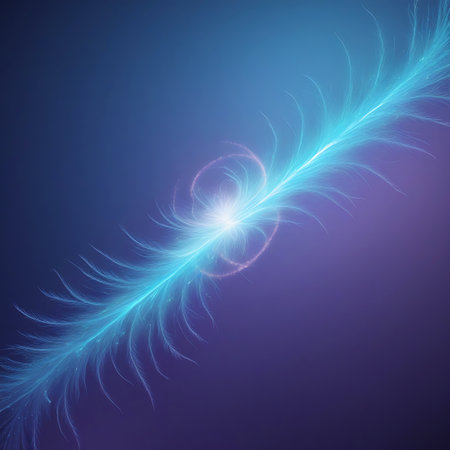 A bright cyan energy form resembling a feather streaks diagonally across a dark purple and blue gradient background, with a central glowing core.の素材