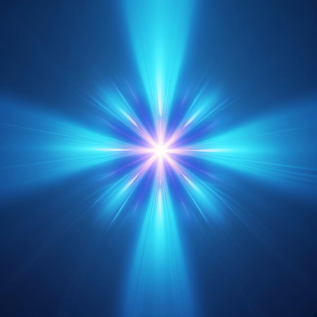 A bright white and pink starburst explodes with intense blue and purple light rays radiating outwards against a deep blue background.の素材