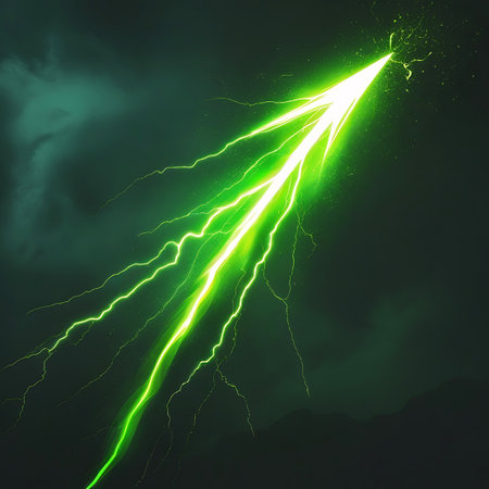 A vibrant green lightning bolt streaks diagonally upwards against a dark, atmospheric sky, with smaller tendrils branching out.の素材