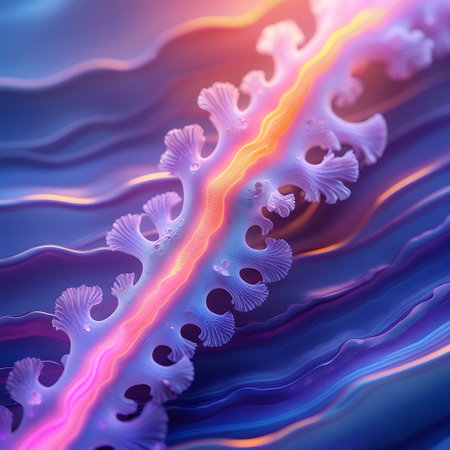 An abstract, bioluminescent coral-like structure with intricate frills glows with orange and pink light against a backdrop of undulating blue waves.の素材