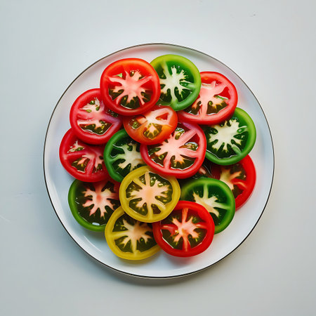 A white plate is filled with a jumbled assortment of sliced red, green, and yellow heirloom tomatoes, showcasing their vibrant colors.の素材