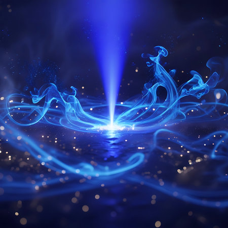 A focused blue light beam shines down, illuminating swirling blue smoke and scattered golden bokeh lights against a dark background.の素材