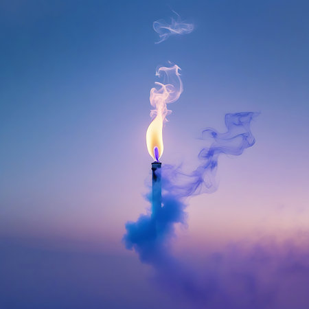 A bright yellow candle flame produces wisps of blue and purple smoke against a soft gradient sky. Clear details and vibrant colors enhance visual appeal.の素材