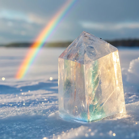 A clear crystal prism sits on a snowy surface, catching rainbow light and refracting it. The background is a blurred winter landscape under a bright sky.の素材