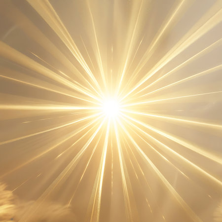 A brilliant, intense sunburst with sharp golden light rays dominates the frame, with soft, glowing clouds at the edges.の素材