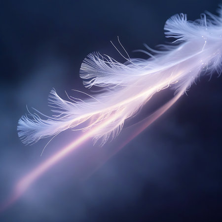 Extreme close-up of fine white feather barbs illuminated by streaks of glowing light and scattered bokeh, against a blurred dark background.の素材