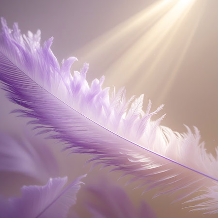 A close-up view of a soft purple feather, bathed in warm sunbeams and rendered with a gentle, dreamy soft focus.の素材