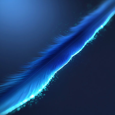 A detailed close-up of the edge of a blue feather, illuminated by glowing particles and a bright light source.の素材