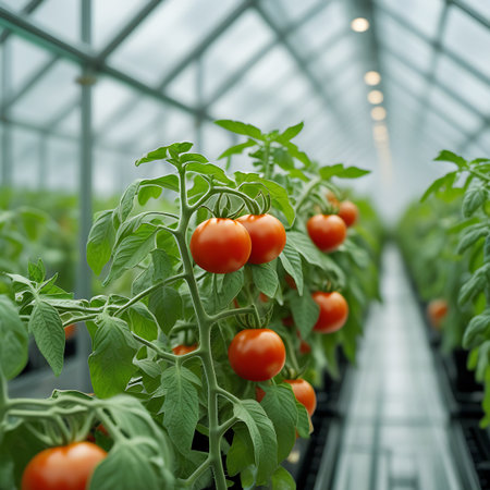 Detailed view of ripe red tomatoes on a plant stem inside a greenhouse. The background shows blurred rows of more plants under a bright, diffused light.の素材