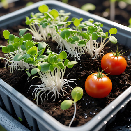 A detailed view of young tomato plants and sprouts with visible roots, alongside ripe red tomatoes in a dark soil tray.の素材