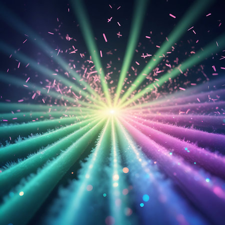 Colorful light beams in green, pink, and blue radiate from a bright center, with floating specks and a soft focus effect.の素材