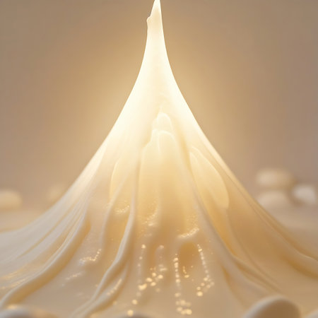A glossy swirl of creamy white icing forms a peak, illuminated by soft light with subtle droplets. Clear details and vibrant colors enhance visual appeal.の素材