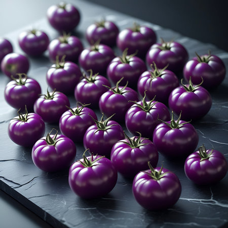 A close-up view of numerous ripe purple tomatoes artfully arranged on a dark, textured slate surface.の素材