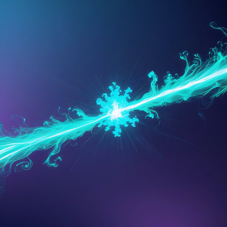 A bright cyan energy beam radiates outward from a central point, creating splashes and droplets on a dark blue and purple gradient background.の素材